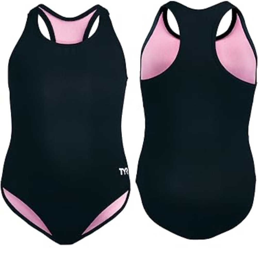 TYR Girls Solid Maxfit Swimsuit Size L (10/12) Black/Pink